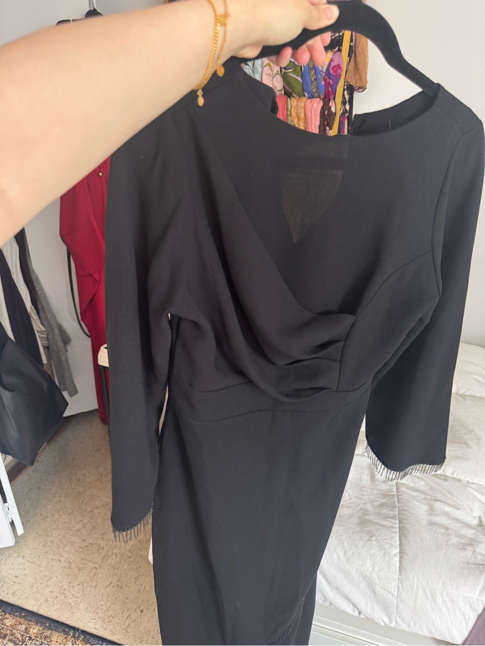 Modest Barbie Draped Long Sleeve Dress in Black w/ Beaded Fringe Detail